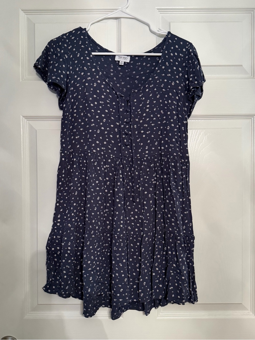 True Craft Navy Floral Tiered Short Sleeve Womens Dress